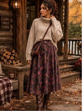Vintage 90s Braemar Paisley Floral Boho Cottagecore Elastic Waist Midi Skirt